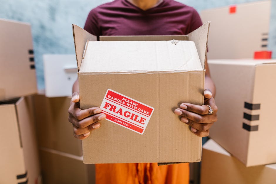 A young woman with long, curly hair wearing a grey sweatshirt is standing just outside a house, holding two large cardboard boxes filled with household items. One box labeled 'TOYS' is stacked on top